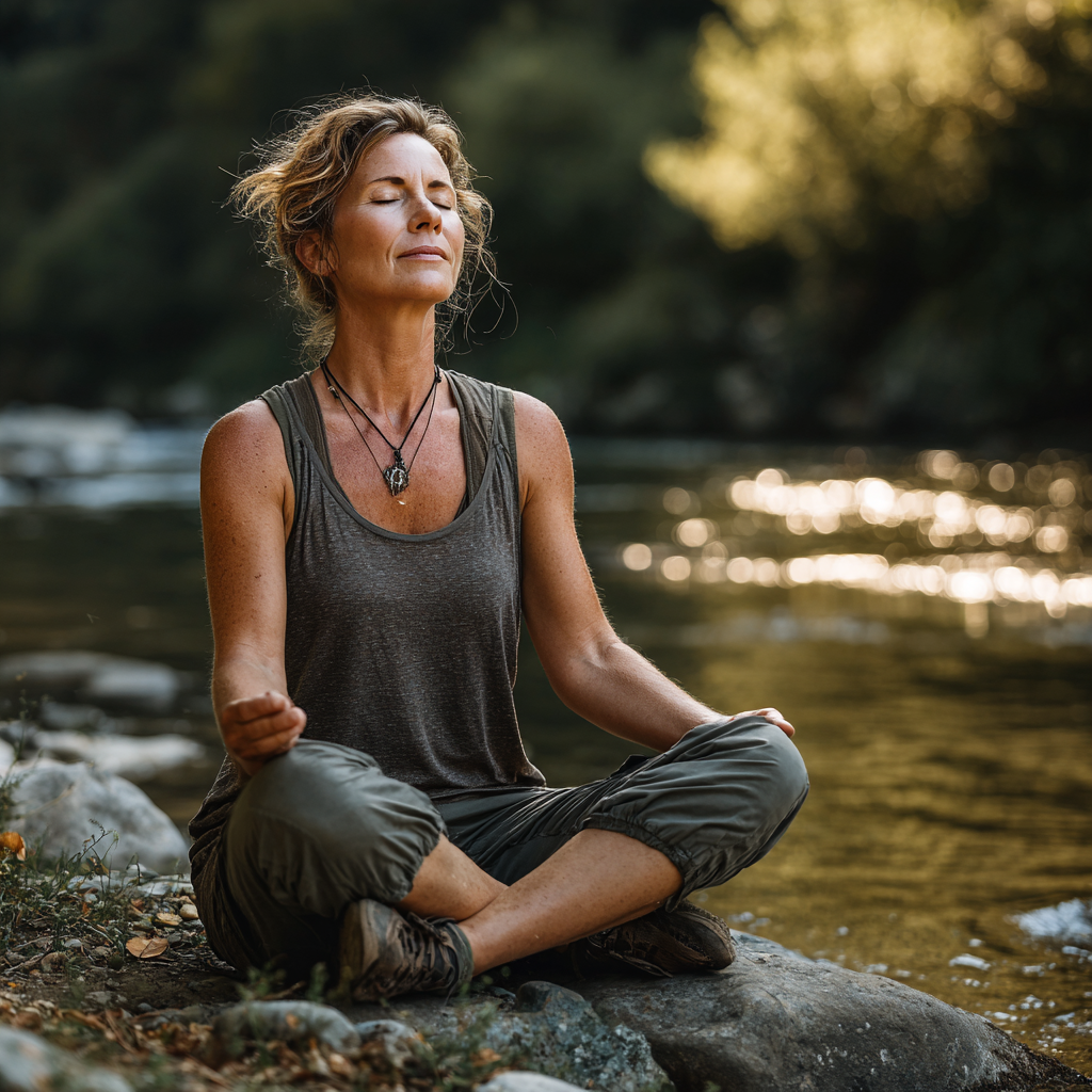 Peaceful middle-aged woman in her late 40s practicing yoga meditation pose in a serene natural setting, wearing comfortable workout clothes