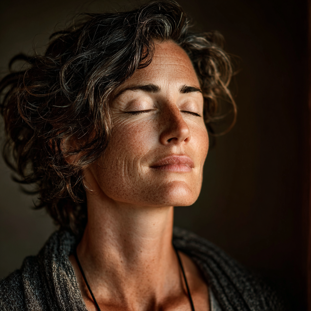 Tranquil woman in her mid-40s sitting in meditation pose with closed eyes and serene expression, surrounded by soft natural lighting and peaceful ambiance